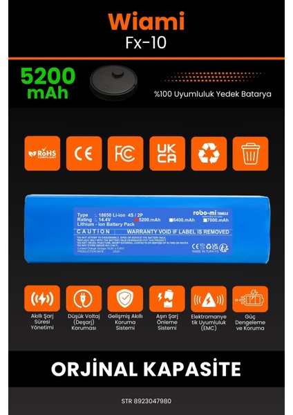 Wiami Fx-10 Uyumlu Akıllı Robot Süpürge Bataryası 5200MAH Li-Ion Pil
