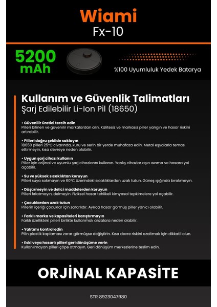 Wiami Fx-10 Uyumlu Akıllı Robot Süpürge Bataryası 5200MAH Li-Ion Pil