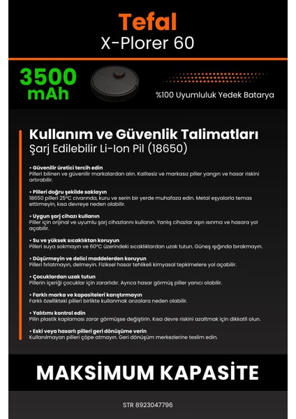 Tefal X-Plorer 60 3500mAh Robot Süpürge Bataryası - Gerçek Kapasite, Maksimum Güvenlik