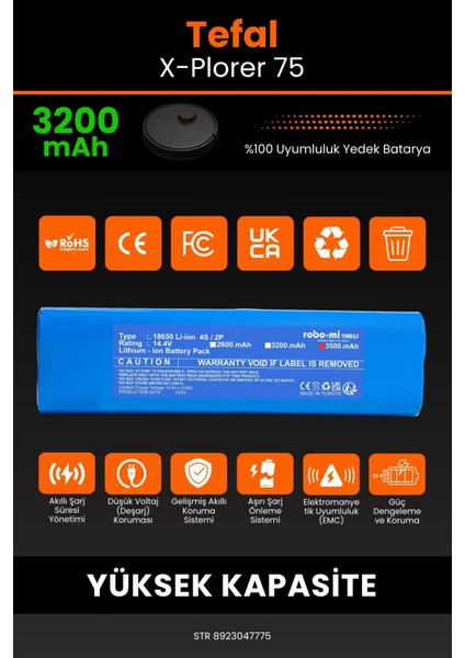 Tefal X-Plorer 75 3200mAh Robot Süpürge Bataryası - Gerçek Kapasite, Maksimum Güvenlik modelleri