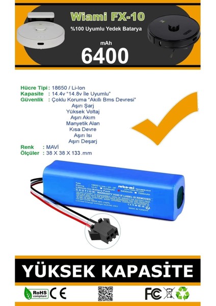Wiami Fx-10 Uyumlu Akıllı Robot Süpürge Bataryası 6400MAH Li-Ion Pil