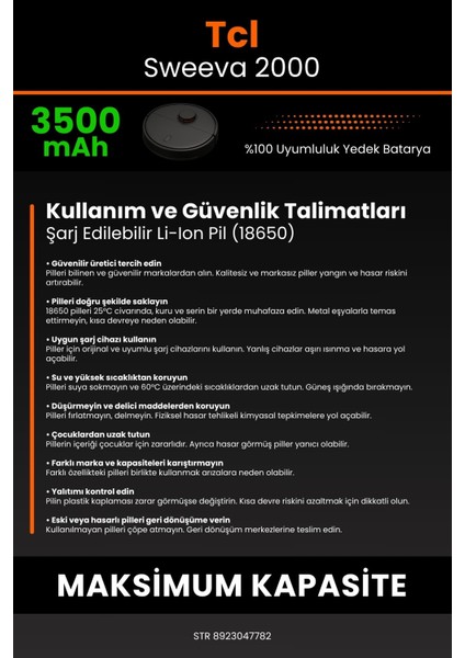 Tcl Sweeva 2000 Serie Robot Süpürge Uyumlu 3500 Mah Batarya