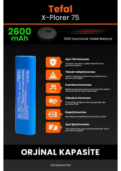 Tefal X-Plorer 75 2600mAh Robot Süpürge Bataryası - Gerçek Kapasite, Maksimum Güvenlik