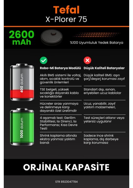 Tefal X-Plorer 75 2600mAh Robot Süpürge Bataryası - Gerçek Kapasite, Maksimum Güvenlik