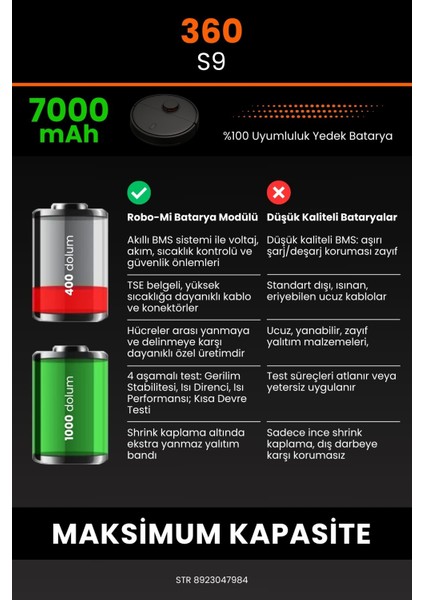 360 S9 7000mAh Robot Süpürge Bataryası - Gerçek Kapasite, Maksimum Güvenlik