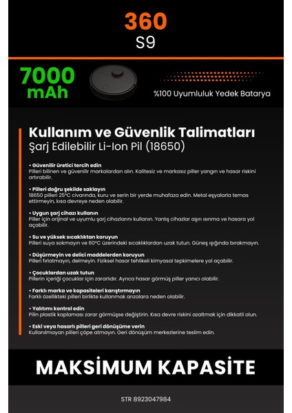 360 S9 7000mAh Robot Süpürge Bataryası - Gerçek Kapasite, Maksimum Güvenlik