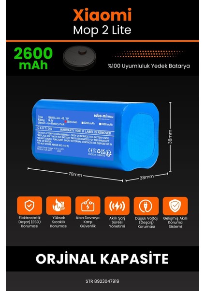 Xiaomi Mop 2 Lite Uyumlu 2600 Mah Robot Süpürge Bataryası