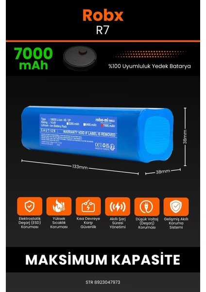 Robx R7 Robot Süpürge Uyumlu 7000 Mah Batarya
