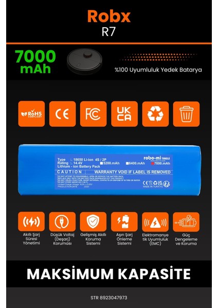 Robx R7 Robot Süpürge Uyumlu 7000 Mah Batarya