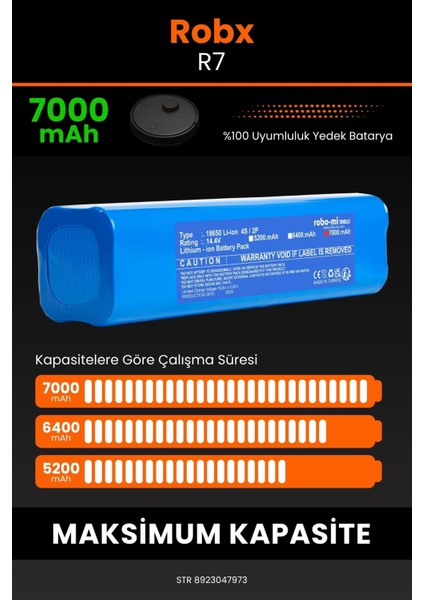 Robx R7 Robot Süpürge Uyumlu 7000 Mah Batarya
