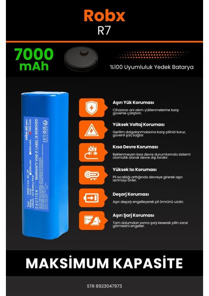 Robx R7 Robot Süpürge Uyumlu 7000 Mah Batarya