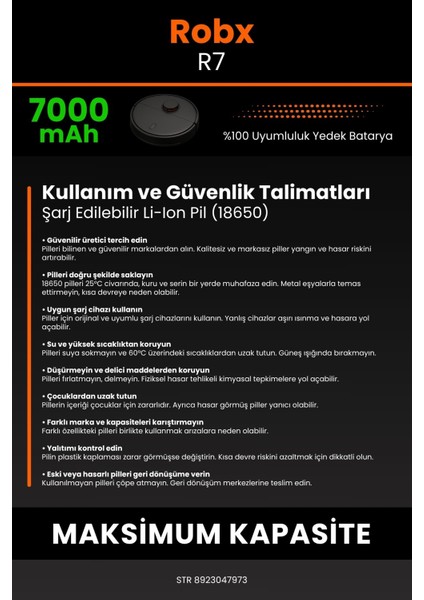 Robx R7 Robot Süpürge Uyumlu 7000 Mah Batarya