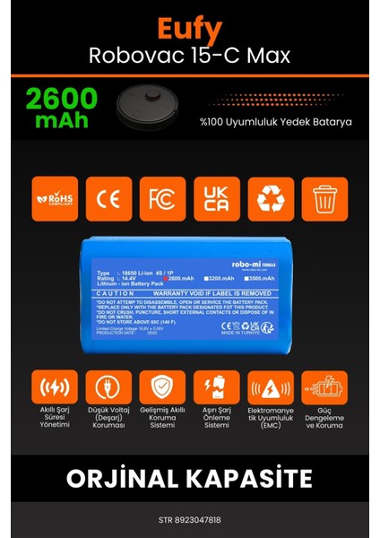 Eufy Robovac 15C Max Batarya 14.4V 2600MAH Akıllı Robot Süpürge Pili