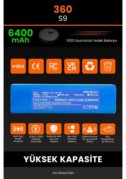 360 S9 6400mAh Robot Süpürge Bataryası - Gerçek Kapasite, Maksimum Güvenlik modelleri