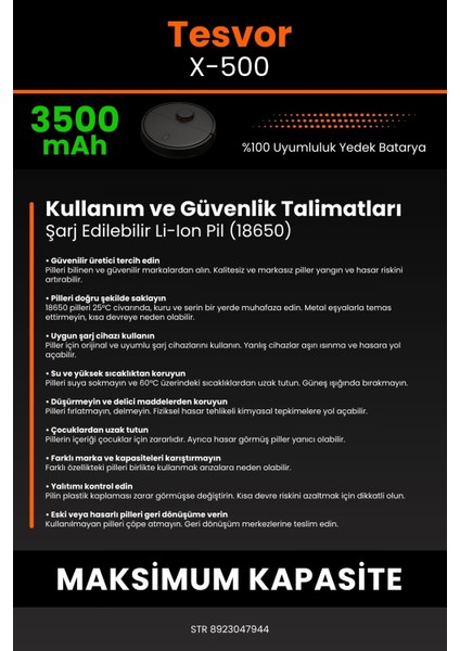 Tesvor Tesvor X500 Pro 3500mAh Robot Süpürge Bataryası - Gerçek Kapasite, Maksimum Güvenlik