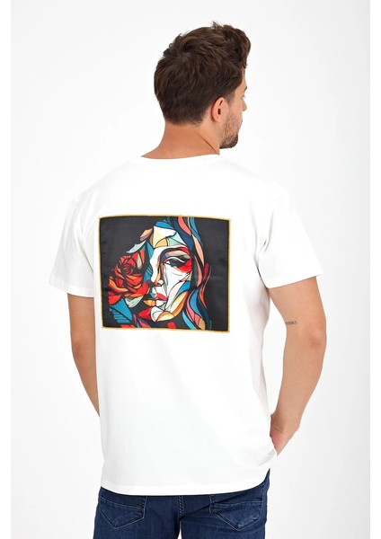Erkek Yapay Zeka Tasarım Sırt Aplike Özel Baskılı %100 Pamuklu Penye Regular Fit T-Shirt (Pikasso2)