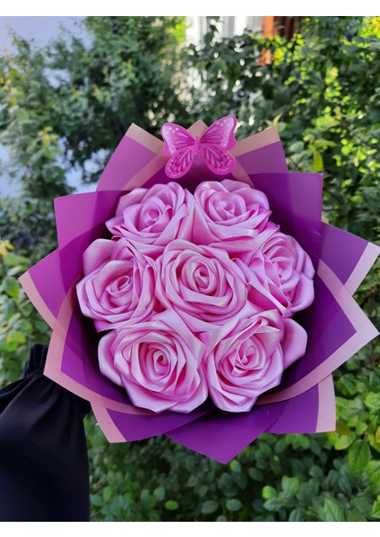 7 Li Solmayan Gül Buketi Pembe Gül Dışı Mor