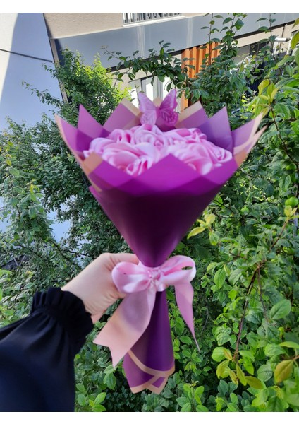 7 Li Solmayan Gül Buketi Pembe Gül Dışı Mor