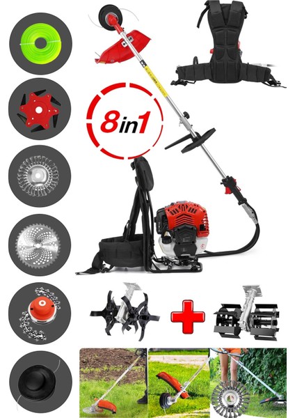 Full Set 8 Başlıklı Arazi Seti Benzinli Sırt Tipi Tırpan Ot Çalı Çim Kenar Biçme Tırpanı Çapalama