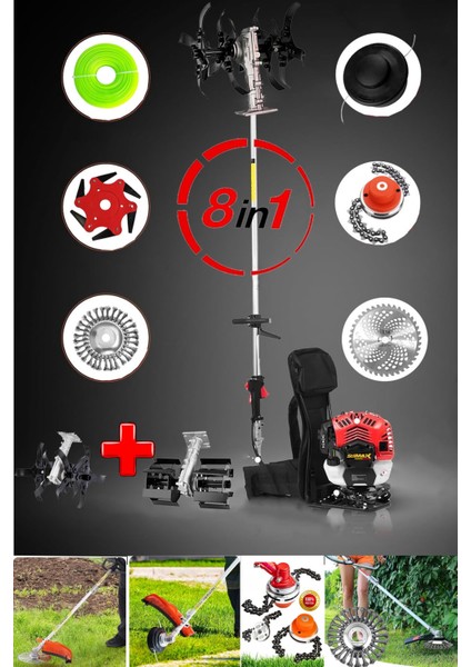Full Set 8 Başlıklı Arazi Seti Benzinli Sırt Tipi Tırpan Ot Çalı Çim Kenar Biçme Tırpanı Çapalama fiyatları