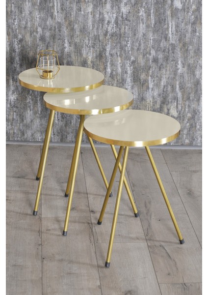 Zigon Sehpa 3'lü Altın Metal Ayak Krem Altın 1062