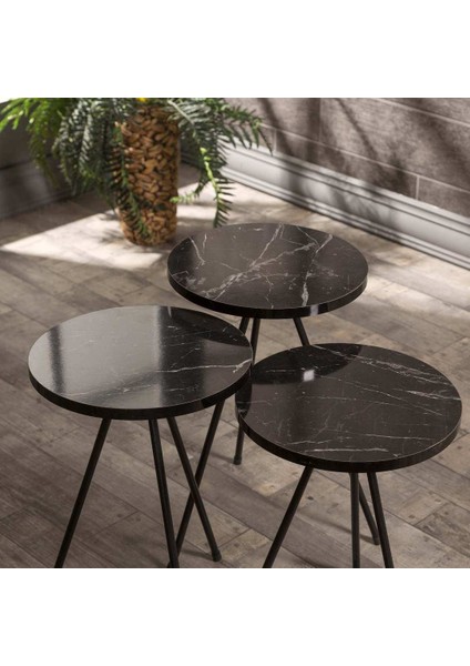 Zigon Sehpa 3 Lü Metal Ayak Siyah Mermer Desen 1018 modelleri