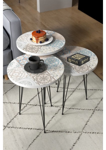 Zigon Sehpa Tel Ayak Siyah Pastel Desenli