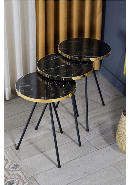 Zigon Sehpa 3 Lü Siyah Metal Ayak Bendir Altın