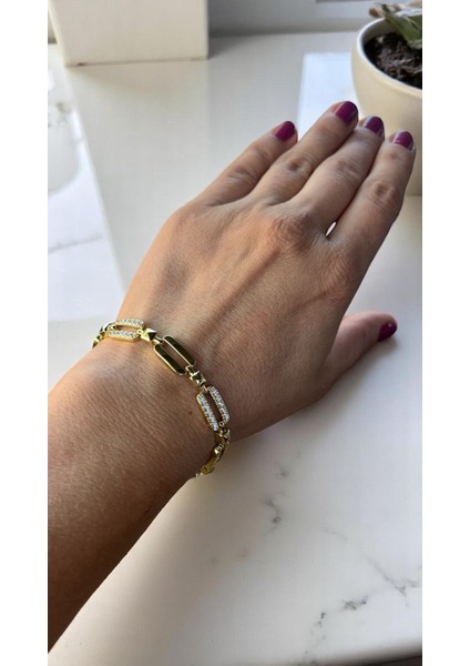 Bolera Zirkon Taşlı Altın Kaplama Gold Çelik Bileklik