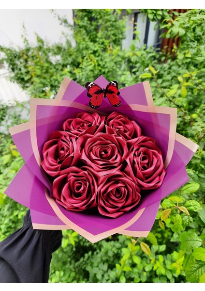 7 Li Solmayan Gül Buketi Bordo Gül Dışı Mor