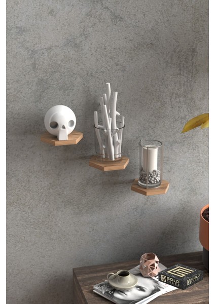 Duvar Rafı Dekoratif 3 Adet Çiçeklik Altıgen Ceviz modelleri