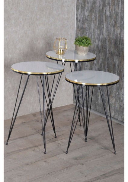 Zigon Sehpa ve Orta Sehpa Elips Set Siyah Tel Ayak Çift Altın Beyaz modelleri