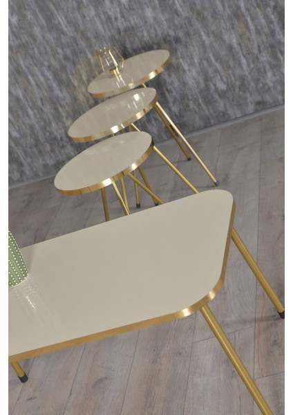Zigon Sehpa ve Orta Sehpa Kr Gold Metal Ayak Gold Krem Set