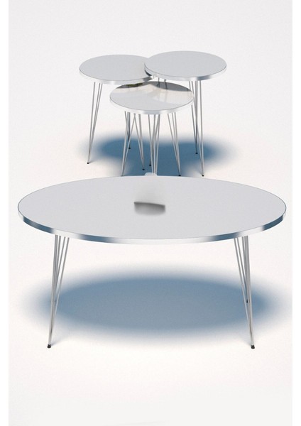 Zigon Sehpa ve Orta Sehpa Elips Set Gümüş Beyaz Tel