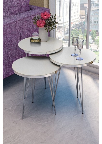 Zigon Sehpa ve Orta Sehpa Elips Set Gümüş Beyaz Tel fiyatları