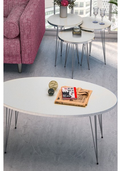 Zigon Sehpa ve Orta Sehpa Elips Set Gümüş Beyaz Tel modelleri