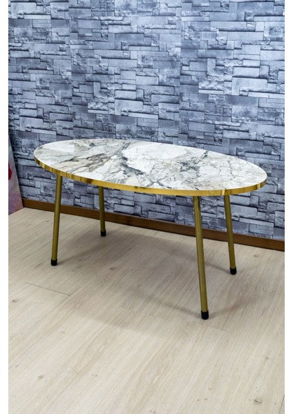 Zigon Sehpa ve Orta Sehpa Elips Altın Metal Ayak Altın Efes Set