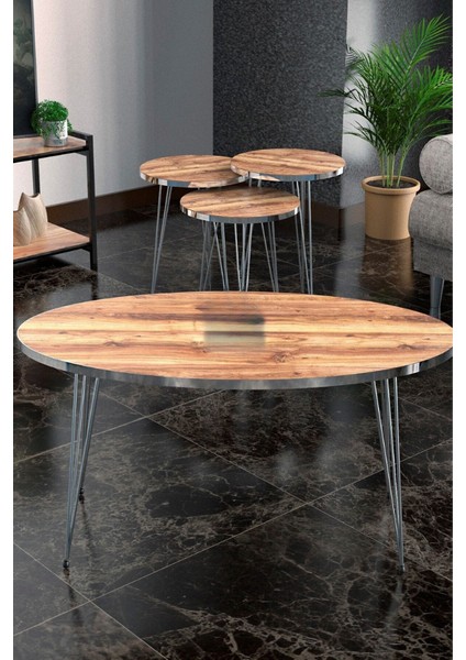 Zigon Sehpa ve Orta Sehpa Elips Set Gümüş Ceviz Tel