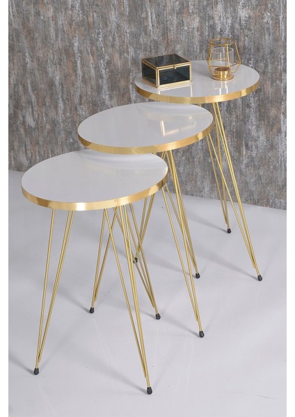 Zigon Sehpa ve Orta Sehpa Beyaz Elips Set Tel Ayak Gold indirimleri