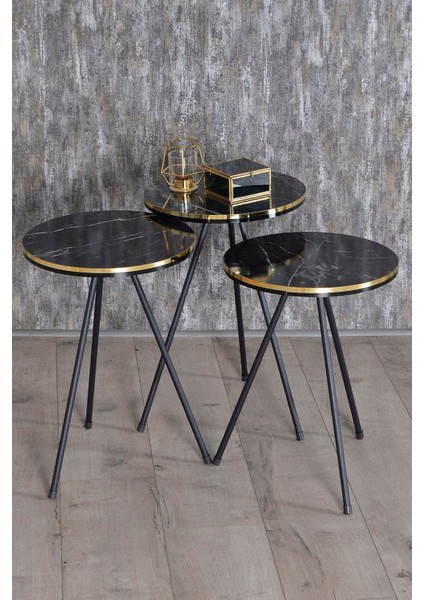 Zigon Sehpa ve Orta Sehpa Elips Set Siyah Metal Ayak Çift Altın Bendir modelleri