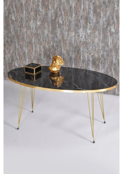 Zigon Sehpa ve Orta Sehpa Elips Set Gold Bendir Tel