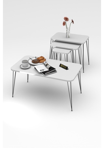 Zigon Sehpa Kr ve Orta Sehpa Kr Set Gümüş Beyaz Tel Ayak Siyah