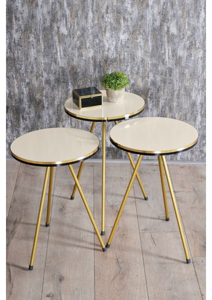 Zigon Sehpa ve Orta Sehpa Kr Set Çift Gold Krem Metal