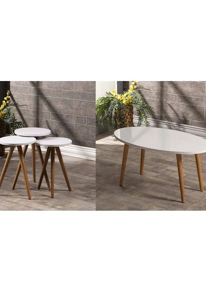 Zigon Sehpa ve Orta Sehpa Set Ahşap Torna Elips Beyaz