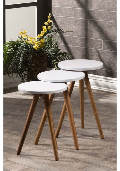 Zigon Sehpa ve Orta Sehpa Set Ahşap Torna Elips Beyaz modelleri