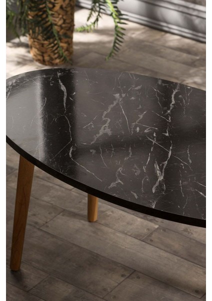 Zigon Sehpa ve Orta Sehpa Set Ahşap Torna Elips Siyah Mermer Desen fiyatları