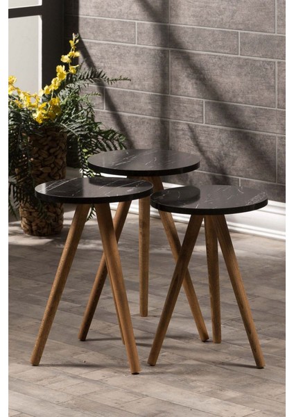 Zigon Sehpa ve Orta Sehpa Set Ahşap Torna Elips Siyah Mermer Desen fırsatları