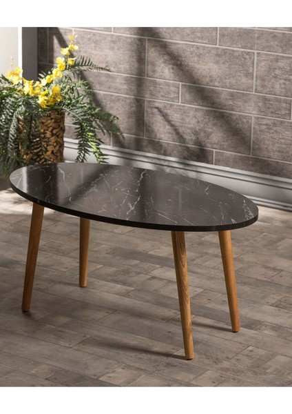 Zigon Sehpa ve Orta Sehpa Set Ahşap Torna Elips Siyah Mermer Desen indirimleri