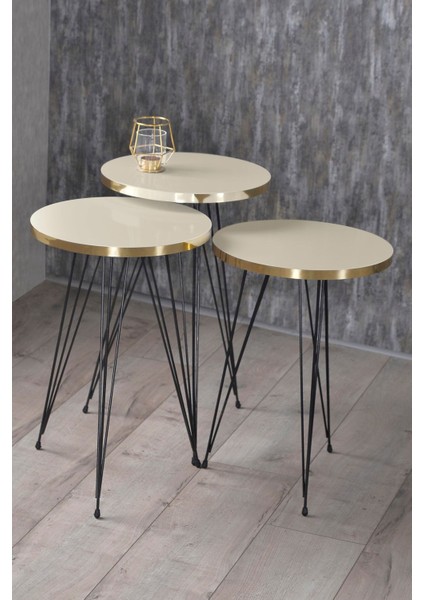 Zigon Sehpa ve Orta Sehpa Elips Set Siyah Tel Ayak Altın Krem fırsatları