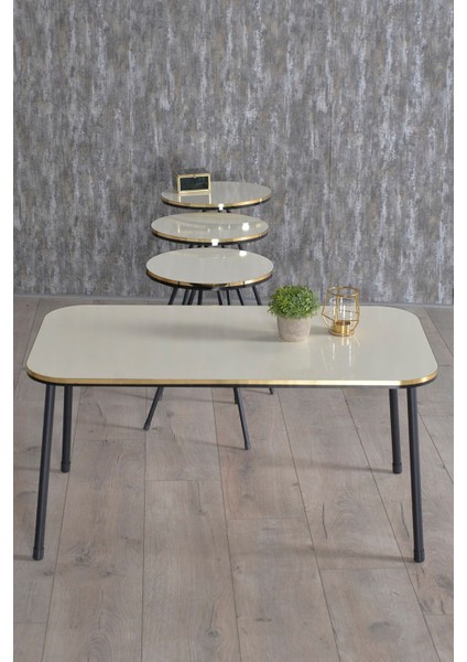 Zigon Sehpa ve Orta Sehpa Kr Set Siyah Metal Ayak Çift Altın Krem